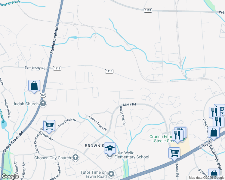 map of restaurants, bars, coffee shops, grocery stores, and more near 12319 Lazy Oak Lane in Charlotte