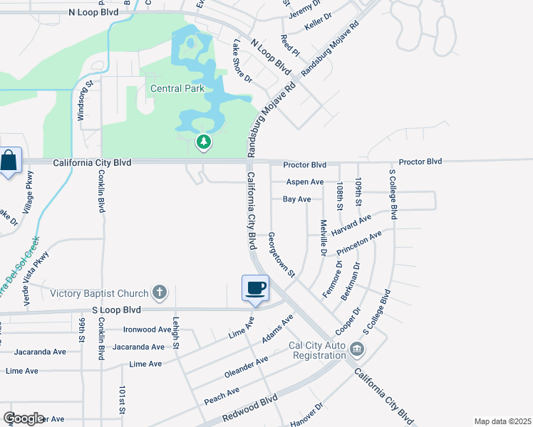 map of restaurants, bars, coffee shops, grocery stores, and more near 20816 Georgetown Street in California City
