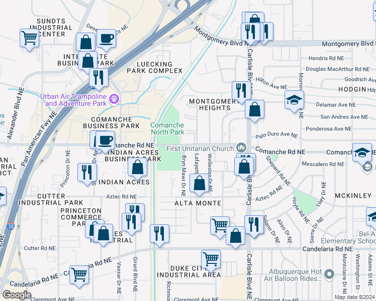map of restaurants, bars, coffee shops, grocery stores, and more near 3135 Comanche Road Northeast in Albuquerque