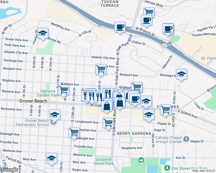 map of restaurants, bars, coffee shops, grocery stores, and more near 1687 Brighton Avenue in Grover Beach