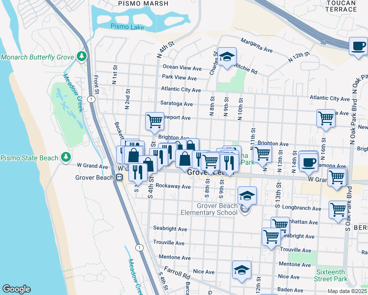 map of restaurants, bars, coffee shops, grocery stores, and more near 568 Brighton Avenue in Grover Beach