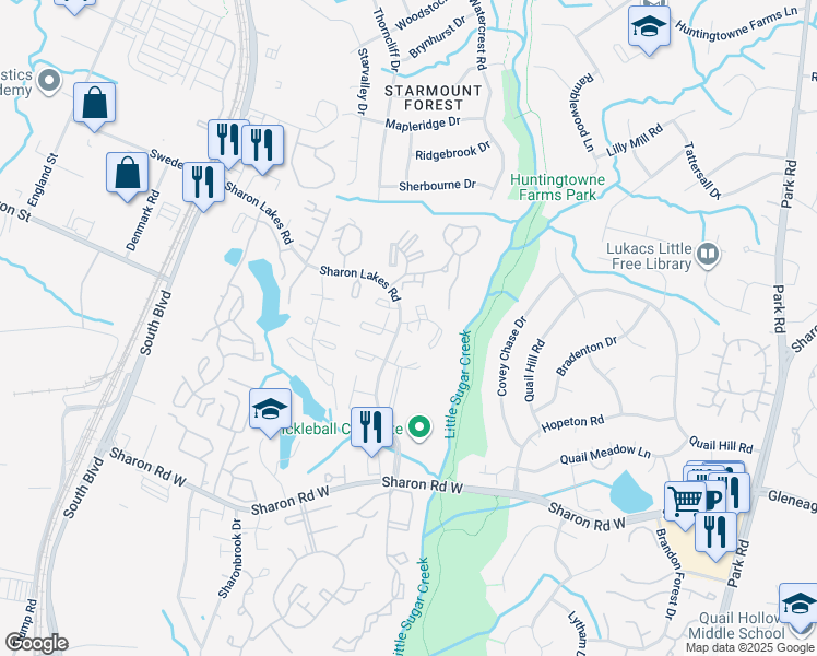 map of restaurants, bars, coffee shops, grocery stores, and more near 8113 Sharon Lakes Road in Charlotte