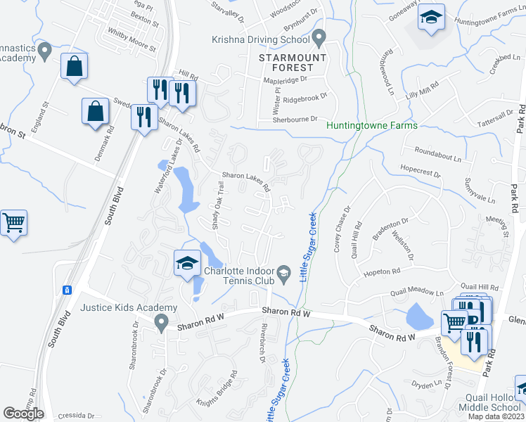 map of restaurants, bars, coffee shops, grocery stores, and more near 8113 Sharon Lakes Road in Charlotte