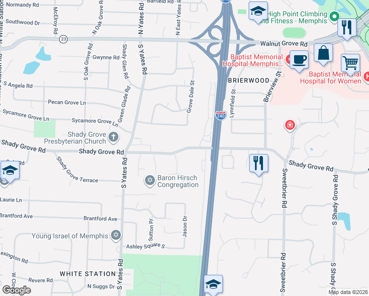 map of restaurants, bars, coffee shops, grocery stores, and more near 5740 Shady Grove Road in Memphis