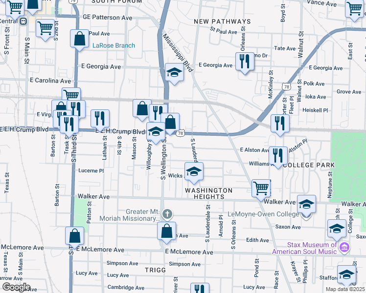 map of restaurants, bars, coffee shops, grocery stores, and more near in Memphis