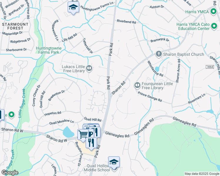 map of restaurants, bars, coffee shops, grocery stores, and more near 6023 Tindall Park Drive in Charlotte