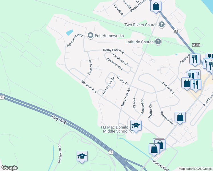 map of restaurants, bars, coffee shops, grocery stores, and more near 3601 Red Oak Drive in New Bern