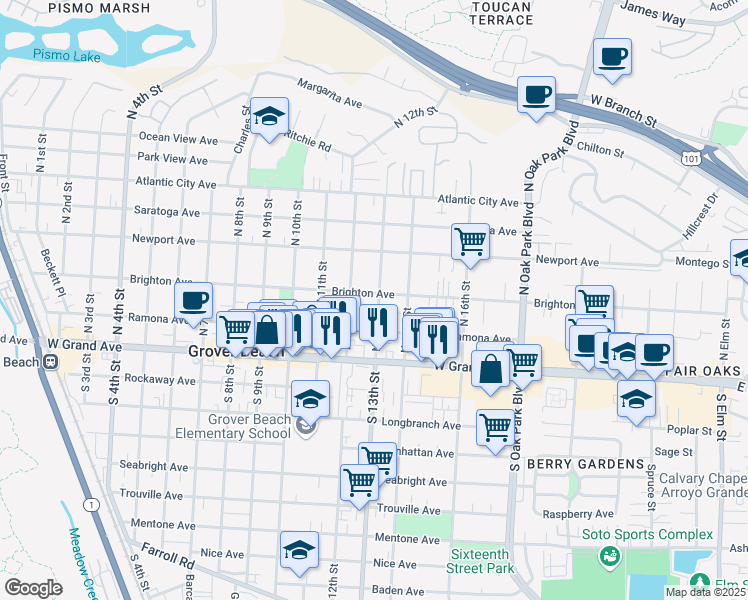 map of restaurants, bars, coffee shops, grocery stores, and more near 261 North 13th Street in Grover Beach