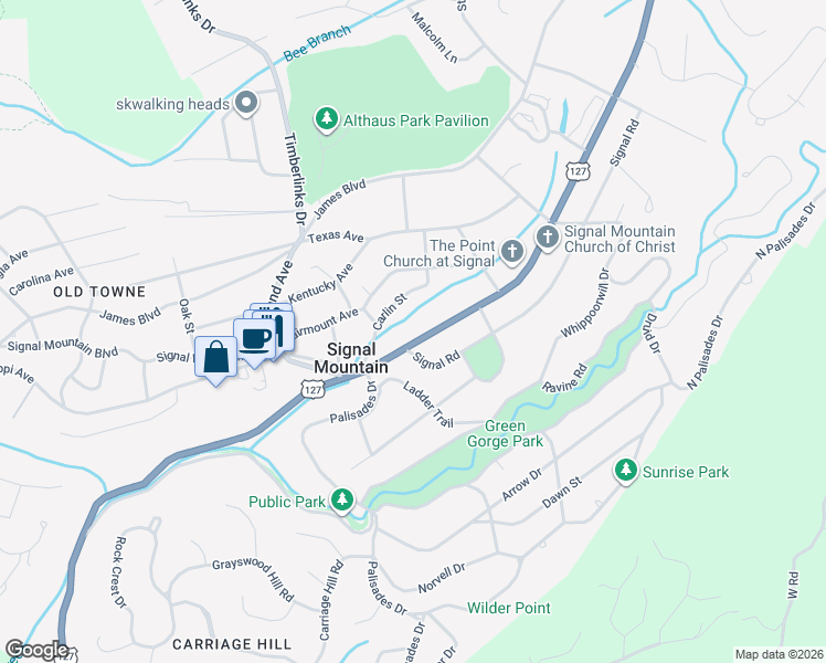 map of restaurants, bars, coffee shops, grocery stores, and more near 915 Ridgeway Avenue in Signal Mountain