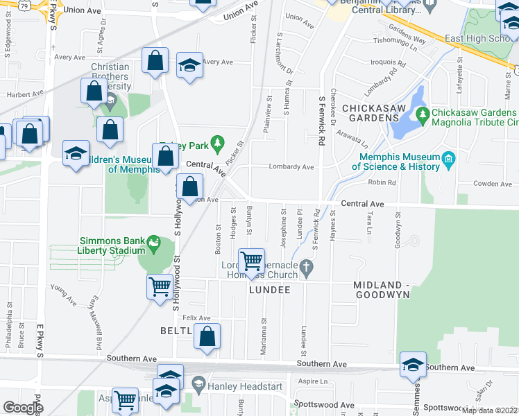 map of restaurants, bars, coffee shops, grocery stores, and more near 2721 Central Avenue in Memphis