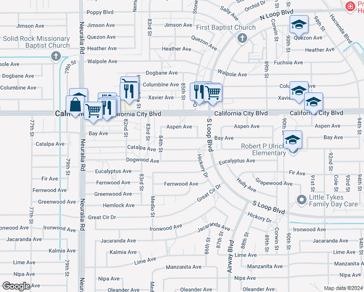 map of restaurants, bars, coffee shops, grocery stores, and more near 8501 Catalpa Avenue in California City
