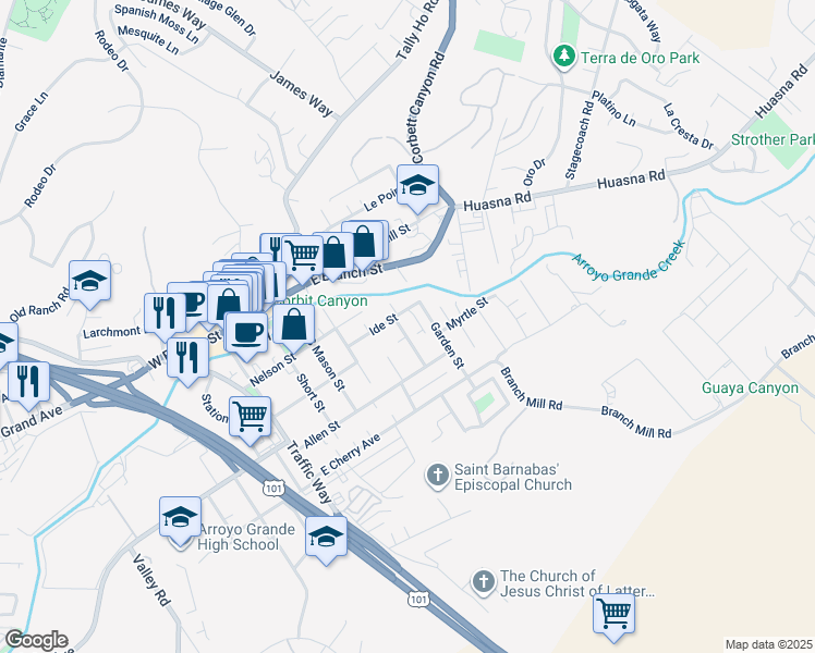map of restaurants, bars, coffee shops, grocery stores, and more near 255 Cross Street in Arroyo Grande