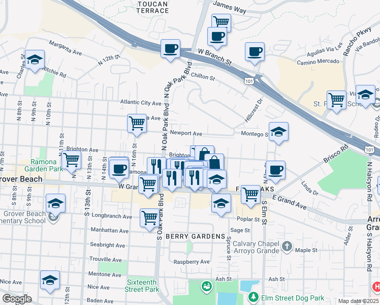 map of restaurants, bars, coffee shops, grocery stores, and more near 1981 Brighton Avenue in Grover Beach