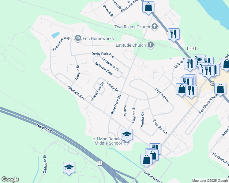 map of restaurants, bars, coffee shops, grocery stores, and more near 1601 Jamestown Court in New Bern