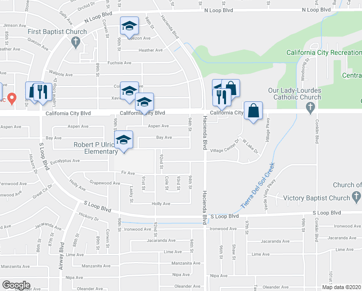 map of restaurants, bars, coffee shops, grocery stores, and more near 9313 Catalpa Avenue in California City