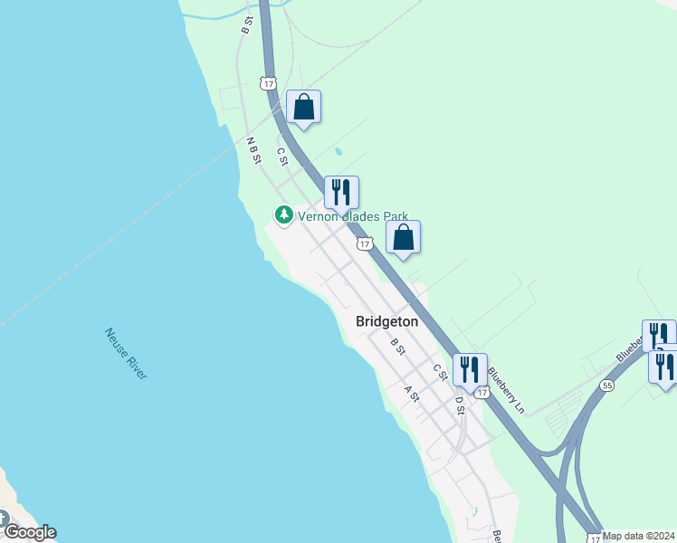 map of restaurants, bars, coffee shops, grocery stores, and more near 717 B Street in New Bern