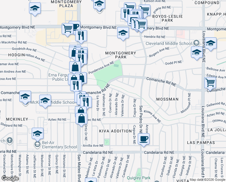 map of restaurants, bars, coffee shops, grocery stores, and more near 5709 La Corrida Road Northeast in Albuquerque