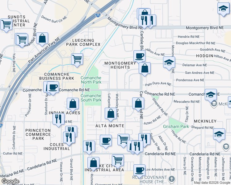map of restaurants, bars, coffee shops, grocery stores, and more near 3800 Lafayette Drive Northeast in Albuquerque