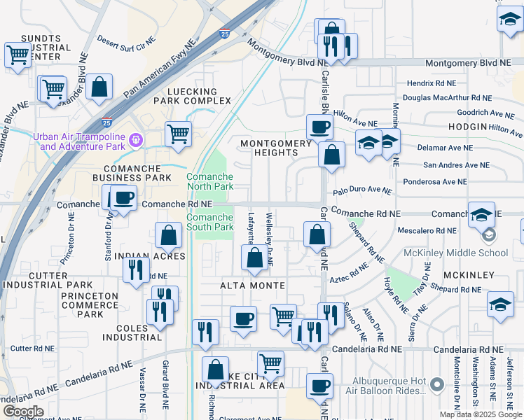 map of restaurants, bars, coffee shops, grocery stores, and more near 3800 Lafayette Drive Northeast in Albuquerque