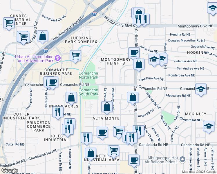 map of restaurants, bars, coffee shops, grocery stores, and more near 3800 Lafayette Drive Northeast in Albuquerque