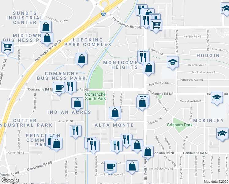 map of restaurants, bars, coffee shops, grocery stores, and more near 3800 Lafayette Drive Northeast in Albuquerque