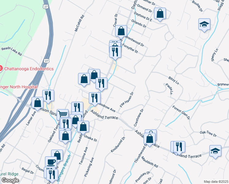map of restaurants, bars, coffee shops, grocery stores, and more near 112 Meadowbrook Drive West in Chattanooga