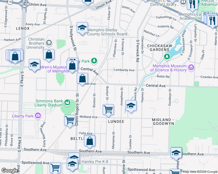 map of restaurants, bars, coffee shops, grocery stores, and more near 2699 Central Avenue in Memphis
