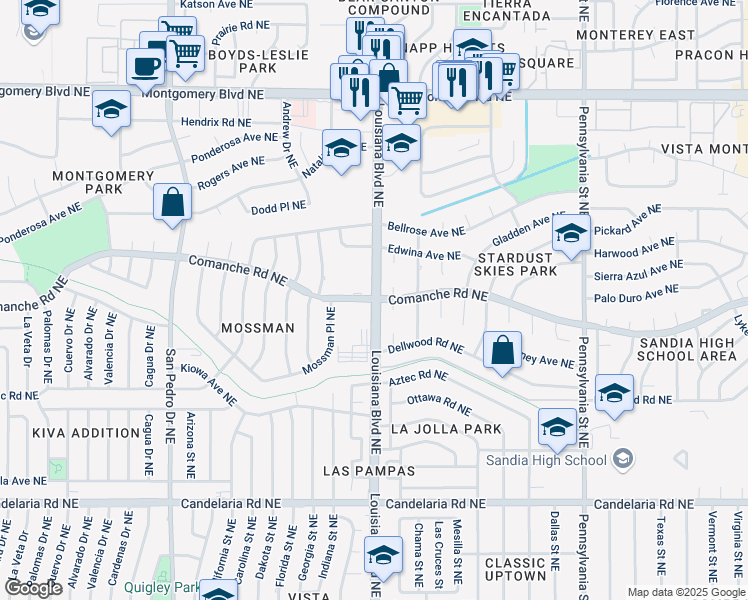 map of restaurants, bars, coffee shops, grocery stores, and more near Comanche Rd NE & Louisiana Blvd NE in Albuquerque