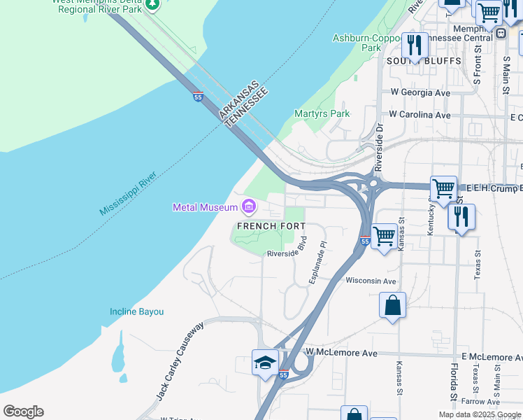 map of restaurants, bars, coffee shops, grocery stores, and more near 360 Metal Museum Drive in Memphis