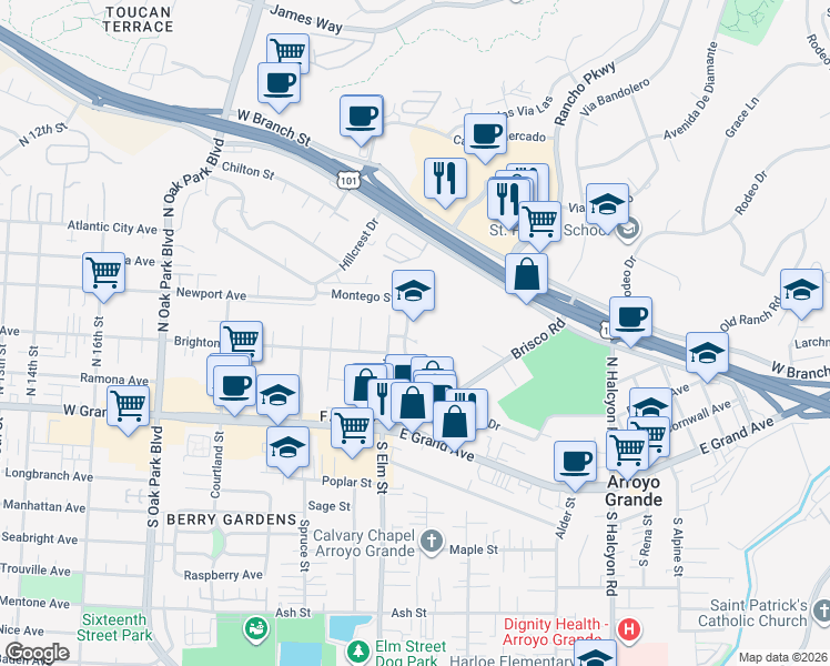 map of restaurants, bars, coffee shops, grocery stores, and more near 1208 Linda Drive in Arroyo Grande