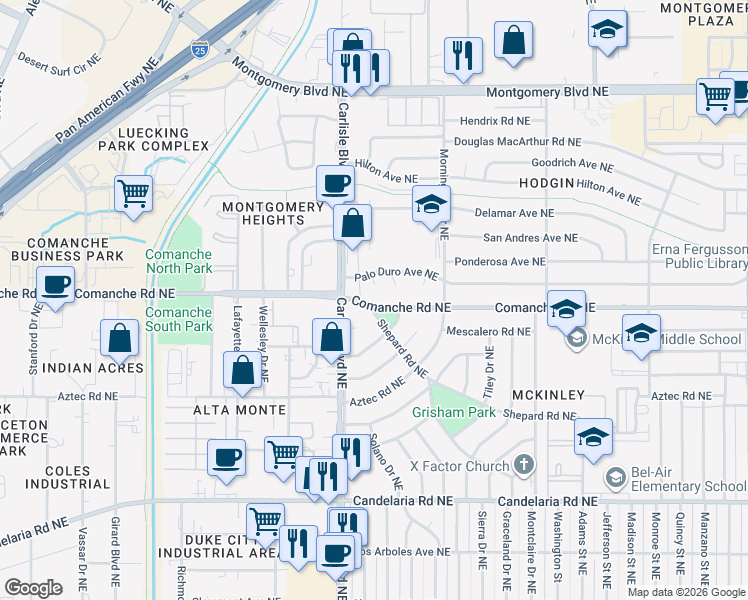 map of restaurants, bars, coffee shops, grocery stores, and more near 3804 Palo Court Northeast in Albuquerque