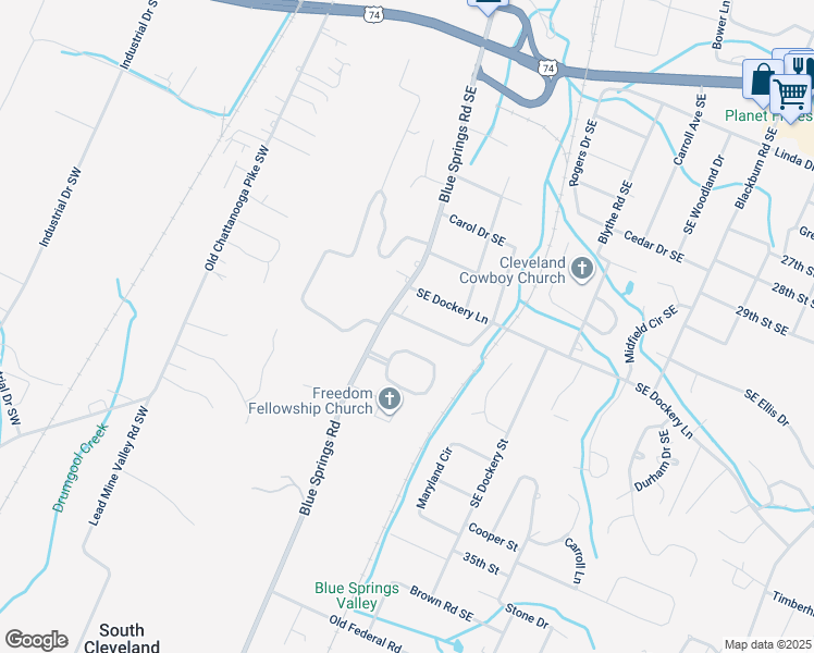 map of restaurants, bars, coffee shops, grocery stores, and more near 206 Meadowbrook Drive Southeast in Cleveland