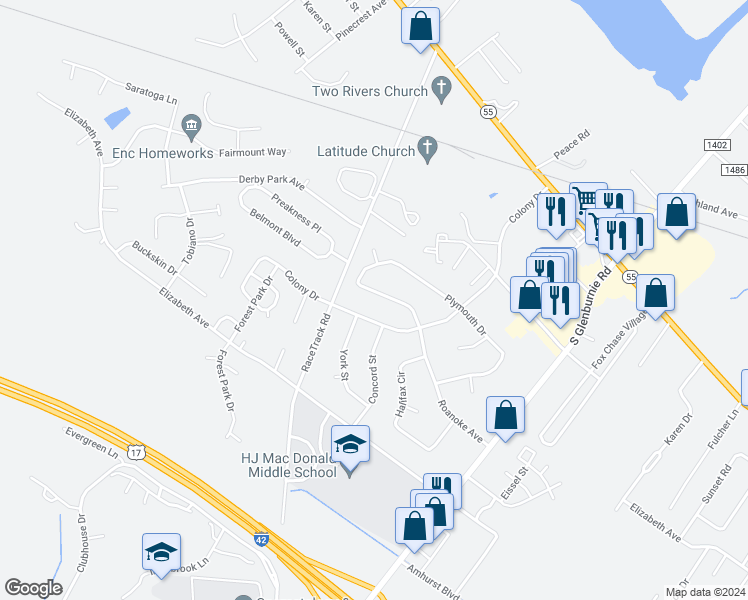 map of restaurants, bars, coffee shops, grocery stores, and more near 3013 Roanoke Avenue in New Bern