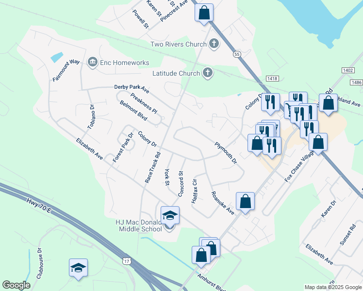 map of restaurants, bars, coffee shops, grocery stores, and more near 3013 Roanoke Avenue in New Bern