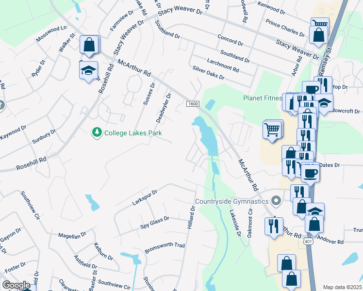 map of restaurants, bars, coffee shops, grocery stores, and more near 546 Nostalgia Lane in Fayetteville