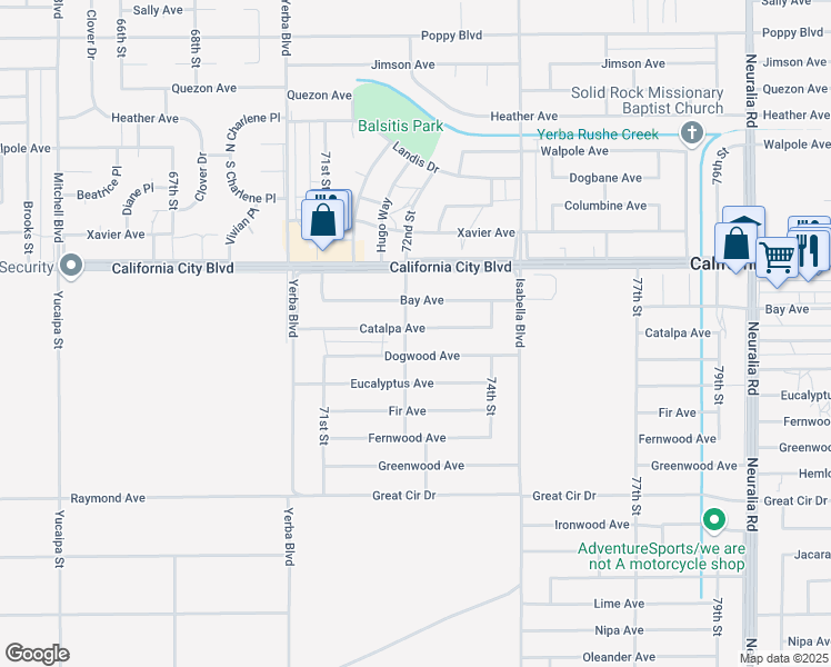 map of restaurants, bars, coffee shops, grocery stores, and more near Catalpa Avenue in California City