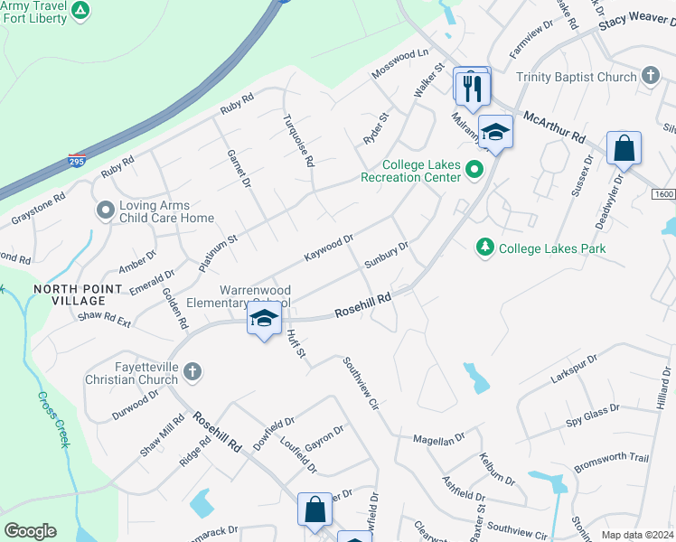 map of restaurants, bars, coffee shops, grocery stores, and more near 932 Sunbury Drive in Fayetteville