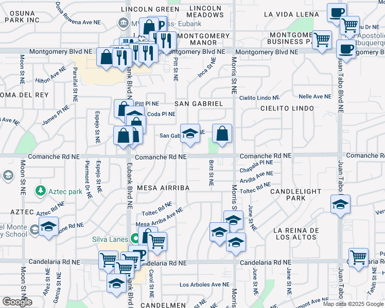 map of restaurants, bars, coffee shops, grocery stores, and more near 10121 Comanche Road Northeast in Albuquerque