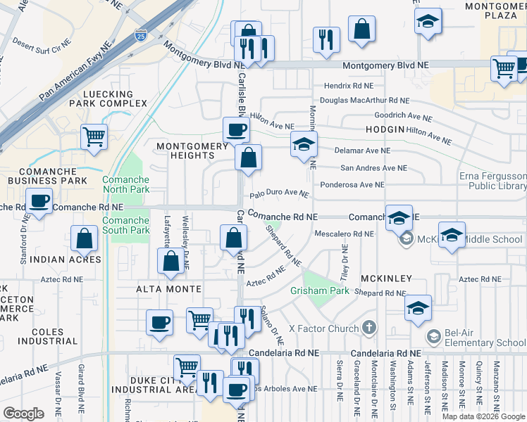 map of restaurants, bars, coffee shops, grocery stores, and more near 3804 Palo Court Northeast in Albuquerque