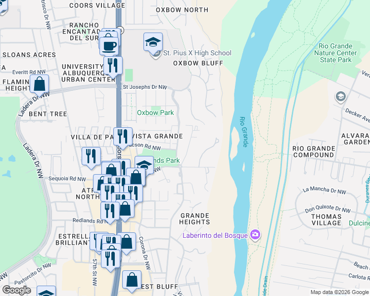 map of restaurants, bars, coffee shops, grocery stores, and more near 3720 Alamogordo Drive Northwest in Albuquerque