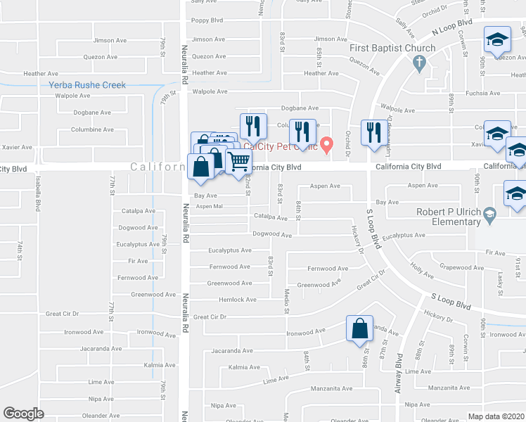 map of restaurants, bars, coffee shops, grocery stores, and more near 8249 Catalpa Avenue in California City