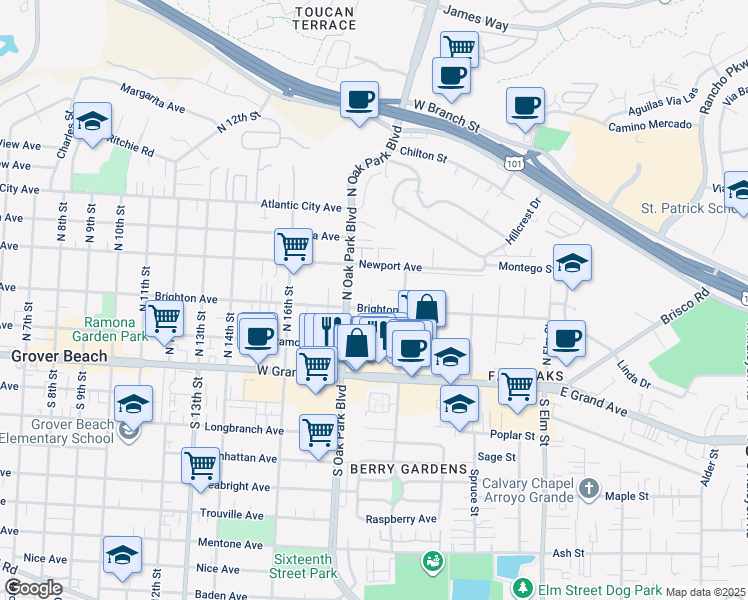 map of restaurants, bars, coffee shops, grocery stores, and more near 1900 Moss Beach Court in Grover Beach