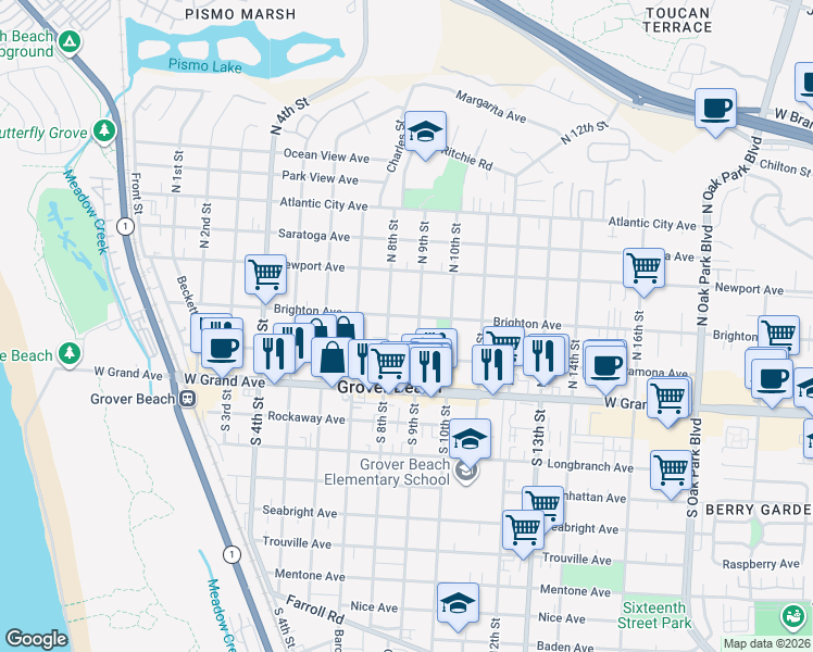 map of restaurants, bars, coffee shops, grocery stores, and more near 803 Brighton Avenue in Grover Beach