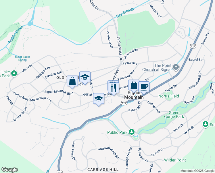 map of restaurants, bars, coffee shops, grocery stores, and more near 709 Kentucky Avenue in Signal Mountain