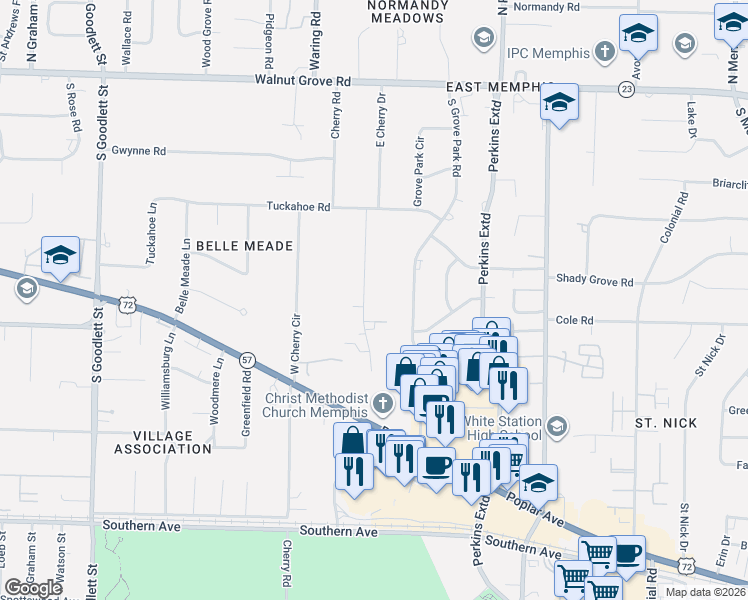 map of restaurants, bars, coffee shops, grocery stores, and more near 256 East Cherry Circle in Memphis