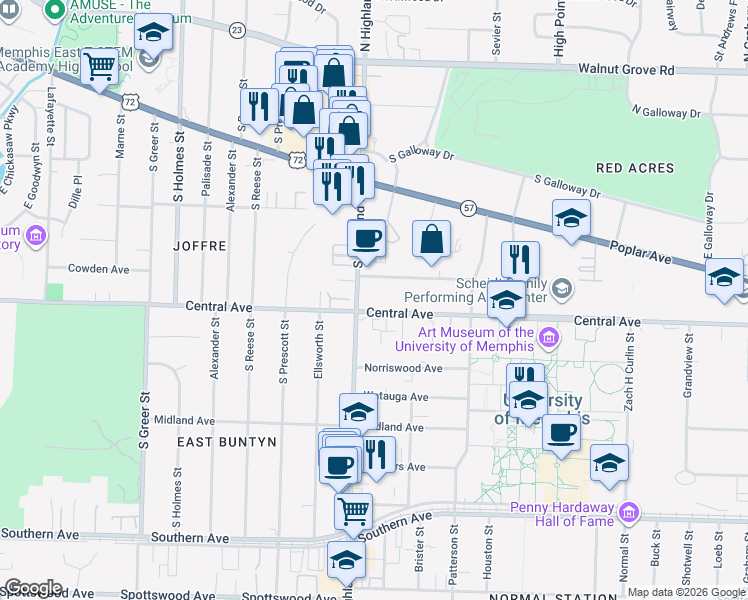 map of restaurants, bars, coffee shops, grocery stores, and more near 274 South Highland Street in Memphis