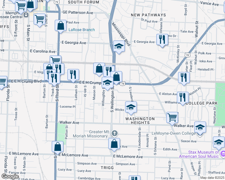 map of restaurants, bars, coffee shops, grocery stores, and more near 864 South Wellington Street in Memphis