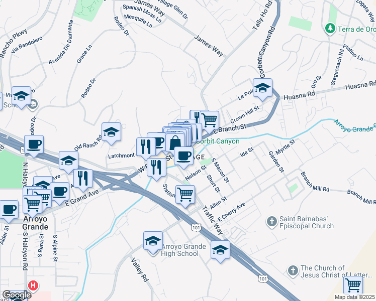 map of restaurants, bars, coffee shops, grocery stores, and more near 134 East Branch Street in Arroyo Grande