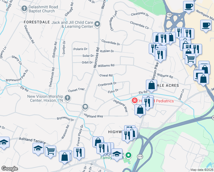 map of restaurants, bars, coffee shops, grocery stores, and more near 1211 Cranbrook Drive in Chattanooga