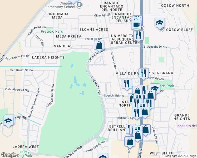 map of restaurants, bars, coffee shops, grocery stores, and more near 3608 Ladera Drive Northwest in Albuquerque